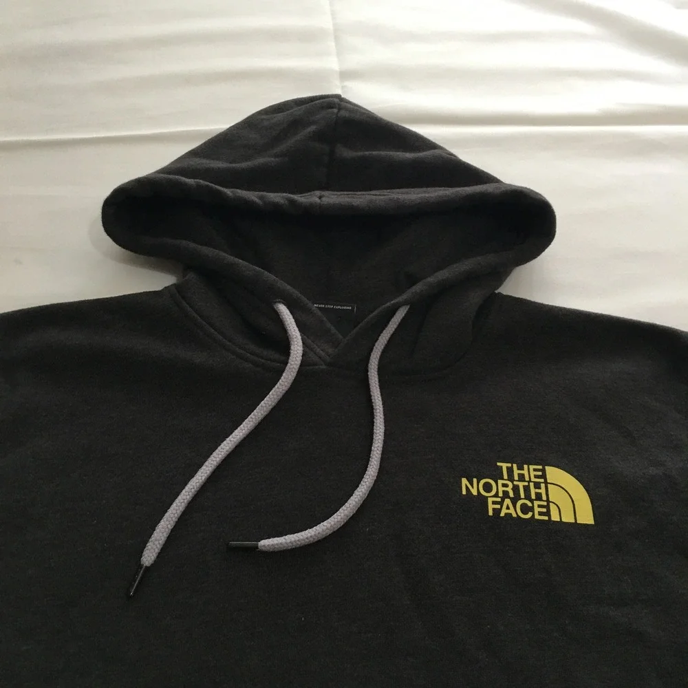 The North Face Hoodie Sweatshirt Mens Large Charcoal Yellow Logo Pullover